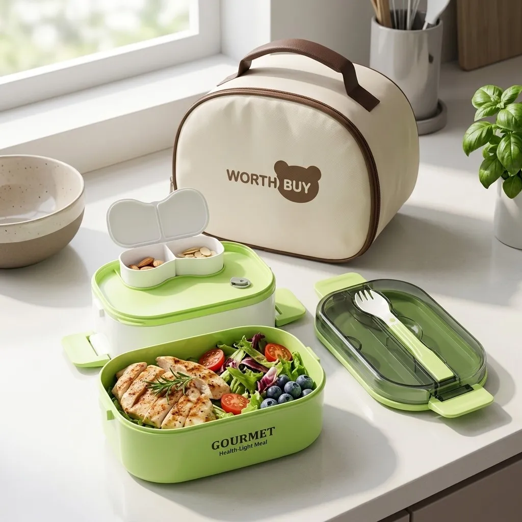 Meal Prep Or Prep Meal - 電子レンジ対応のプラスチック製弁当箱。汁漏れしにくいランチボックスで、調理済みの食品の保存や、ソースカップとカトラリーが付属。子供から大人まで、学校や職場での使用に最適。