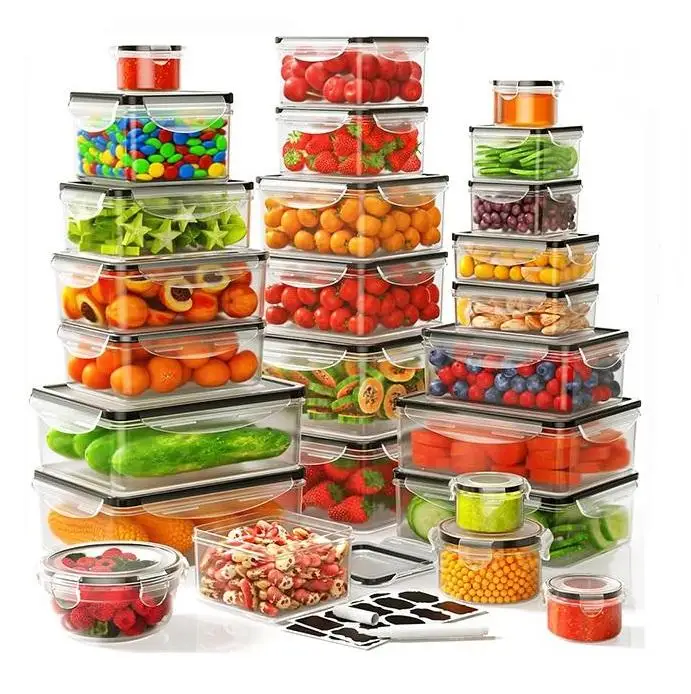 Meal Prep Kitchen - 40個/42個/50個/52個/62個入り、蓋付きの大型密閉式食品保存容器セット。BPAフリーで積み重ね可能。キッチンやパントリーの整理に最適。漏れ防止、再利用可能。食事の準備やおやつを入れるのに便利なプラスチック製の冷蔵庫収納容器。