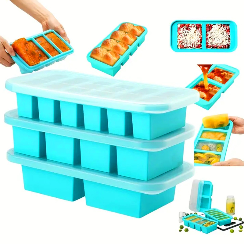 Meal Prep Template - 蓋付きシリコン製冷凍トレイ型（2個または3個）、保存容器、スープ、だし、食事の準備、氷の保存用